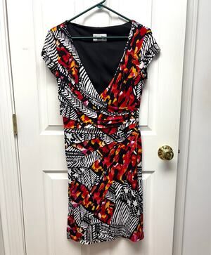 Joseph Ribkoff Dress Abstract Print Faux Wrap V Neck Ruched Multicolor  Size 12